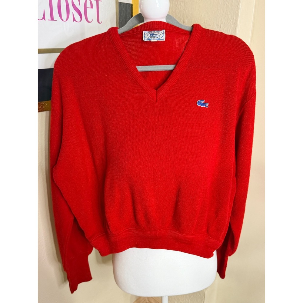Vintage Izod Lacoste Red V-Neck Sweater Mens Large Blue Croc Logo Orlon Acrylic
